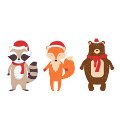 Set Of Cute Animals Fox Racoon Bear In Christmas