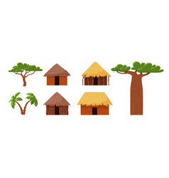 Set Of African Huts And Trees Flat Style