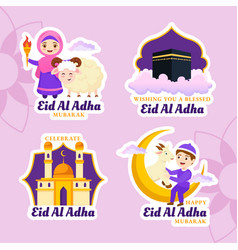 Happy Eid Al Adha Mubarak Label Flat Cartoon Hand