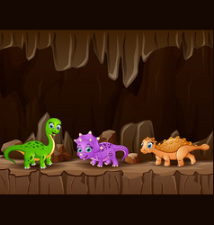 Cartoon Three Dinosaurs In Dark Cave