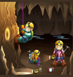 Speleologists In Cave 3d Background Poster