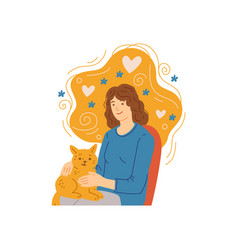 Woman Pets A Cat Lying On Her Lap Flat Cartoon