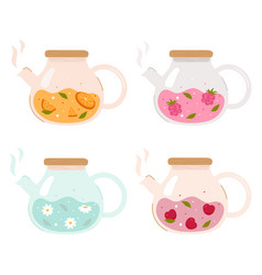 Set Of Glass Teapots With Different Flavors