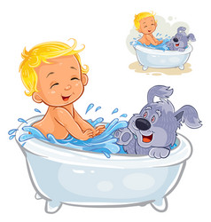 Little Baby Taking A Bath With His Dog