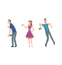 Drunk Young People With Alcohol Drinks Set Cartoon