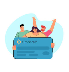 Tiny Female And Male People Holding Credit Card