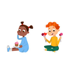 Happy Boy And Girl Eating Sweets Set Kids