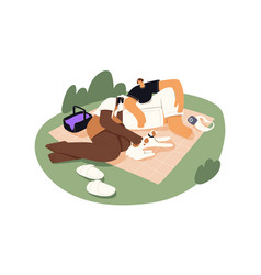 Love Couple And Dog Resting On Picnic Blanket