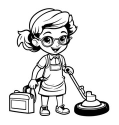 Cleaning Girl - Black And White Cartoon Isolated