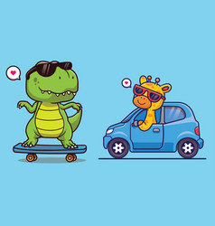 Cute Dino Playing Skateboard Cartoon Icon