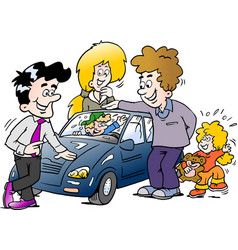 Cartoon Of A Family Looking At A New Auto Car