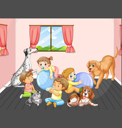 Room Scene With Babies Playing With Dogs