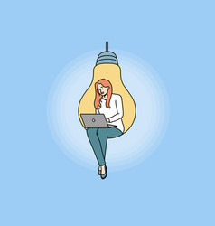 Woman Sit On Light Bulb Work On Laptop