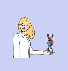 Smiling Female Scientist Hold Dna Model