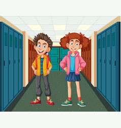 Two Smiling Children Standing In A School Corridor