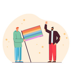 Two Men Standing With Multicolored Flag