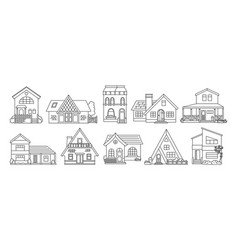 House Front Flat Line Doodle Set Village Urban