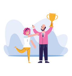 Cartoon Businessman Holding Up A Trophy Cup