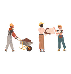 Man And Woman Builder Character Showing Paper