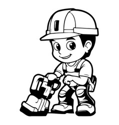 Cute Boy In Construction Helmet And Overalls