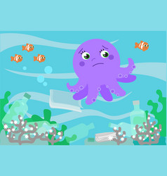 Sad Octopus And Fishes In Polluted Water