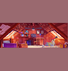 Cartoon Teenage Boy Bedroom In Attic Of House