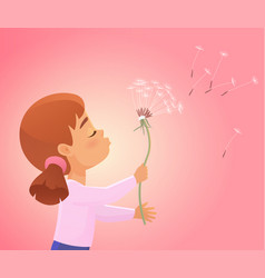 Cute Girl Blowing On Dandelion Flower Seeds