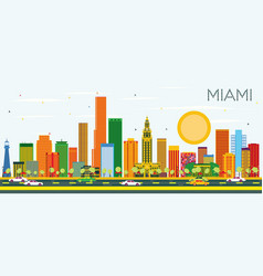 Miami Skyline With Color Buildings And Blue Sky