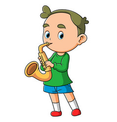 Little Boy Is Playing And Blowing Saxophone