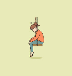 Upset Little Girl Sits On Swing With Head Down