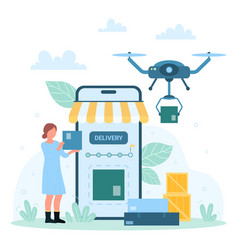 Drone Delivery Express Service Tiny Woman Using