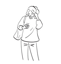 Line Art Woman With Bag Listening To Music From