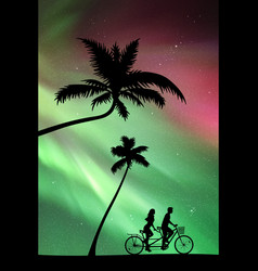 Lovers On Bike Tandem Under Palm Trees At Night