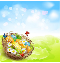 Background With Easter Nest And Eggs On Spring Bac