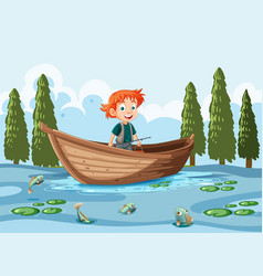 Happy Boy On Boat In Lake Scene