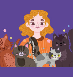 Woman Surrounded Cats Adorable Pets