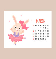 March 2023 Calendar Cute Bunny Girl Ballerina