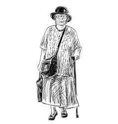 Sketch Of Casual Old Woman In Hat With Walking