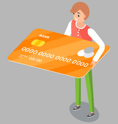 Man Standing Holding Credit Card Isolated On Gray