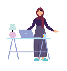 Muslim Woman Cartoon With Laptop On Desk