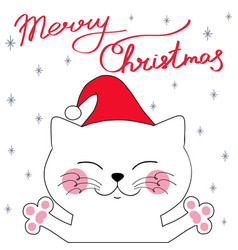 Cute White Smiling Cat In Holiday Hat With Hand