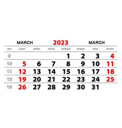 Wall Calendar 2023 For March Week Start From