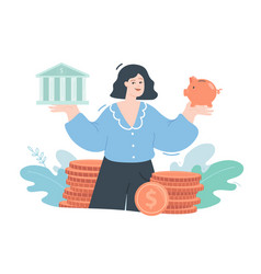 Woman Holding Bank And Piggybank Flat