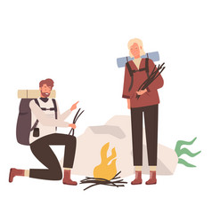 Tourists Couple Making Camping Fire