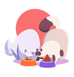 Animated Cat And Dog Eating Pet Food Together