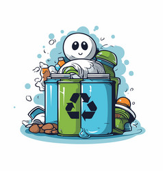 Cute Ghost Cartoon With Trash Can And Garbage