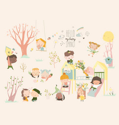 Cute Cartoon Kids Enjoying On Playground In Spring