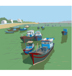 Fishing Boats On River Kai Landscape Sketch