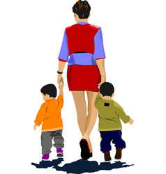 Mother Walking With Two Children