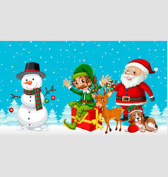 Santa Claus And Friends In Cartoon Style On Snowy